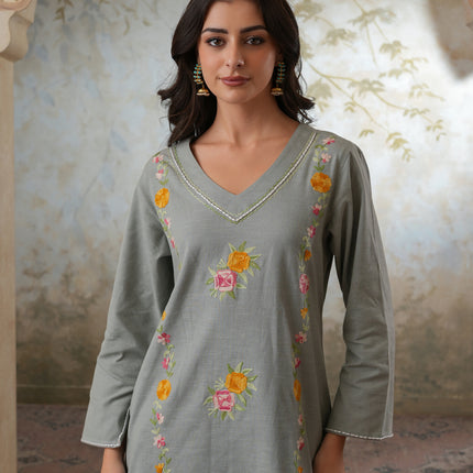 Qazmi Women's Mehreen Kashmiri Aari Work Pearl Studded Cotton Linen CoOrd