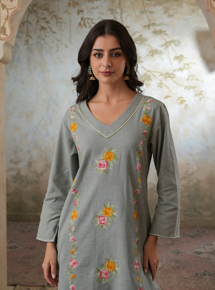 Qazmi Women's Mehreen Kashmiri Aari Work Pearl Studded Cotton Linen CoOrd