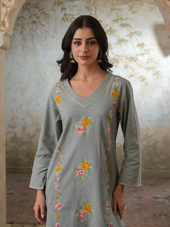 Qazmi Women's Mehreen Kashmiri Aari Work Pearl Studded Cotton Linen CoOrd