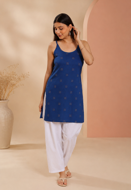 Qazmi Women Embroidered Viscose Rayon Sleeveless Printed Kurti