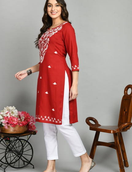 Red Offwhite Boota Aari Long Kurti For Women