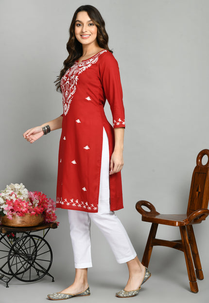 Red Offwhite Boota Aari Long Kurti For Women