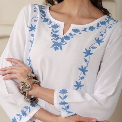 Qazmi Women Kashmiri Aari Embroidered A-Line Viscose Rayon Short Kurti with Full Sleeves