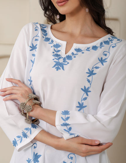 Qazmi Women Kashmiri Aari Embroidered A-Line Viscose Rayon Short Kurti with Full Sleeves
