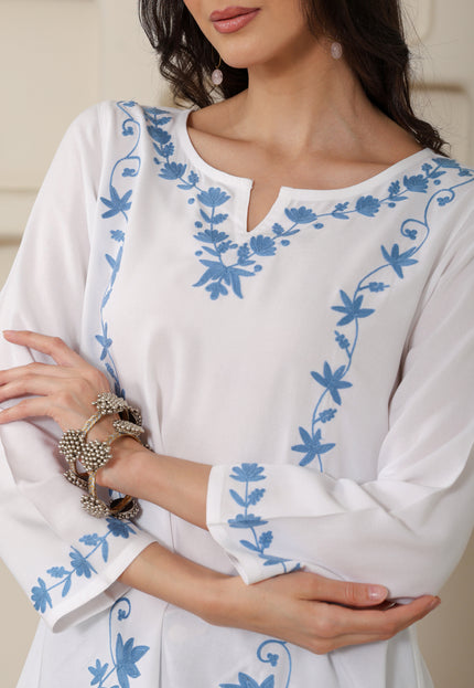 Qazmi Women Kashmiri Aari Embroidered A-Line Viscose Rayon Short Kurti with Full Sleeves