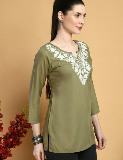 Olive Off White Short Kurti For Women