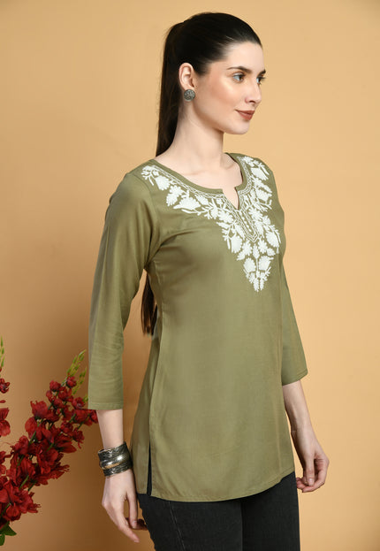 Olive Off White Short Kurti For Women