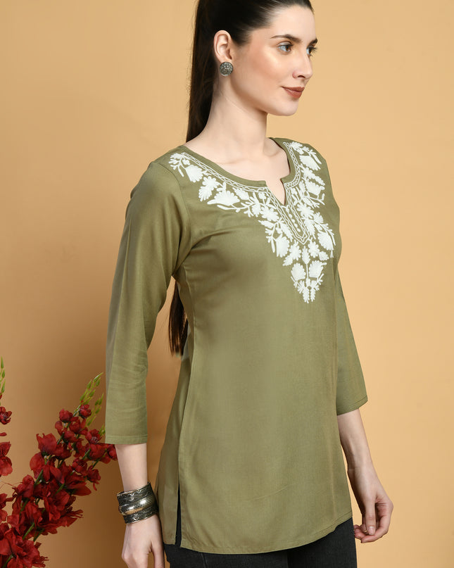 Olive Off White Short Kurti For Women
