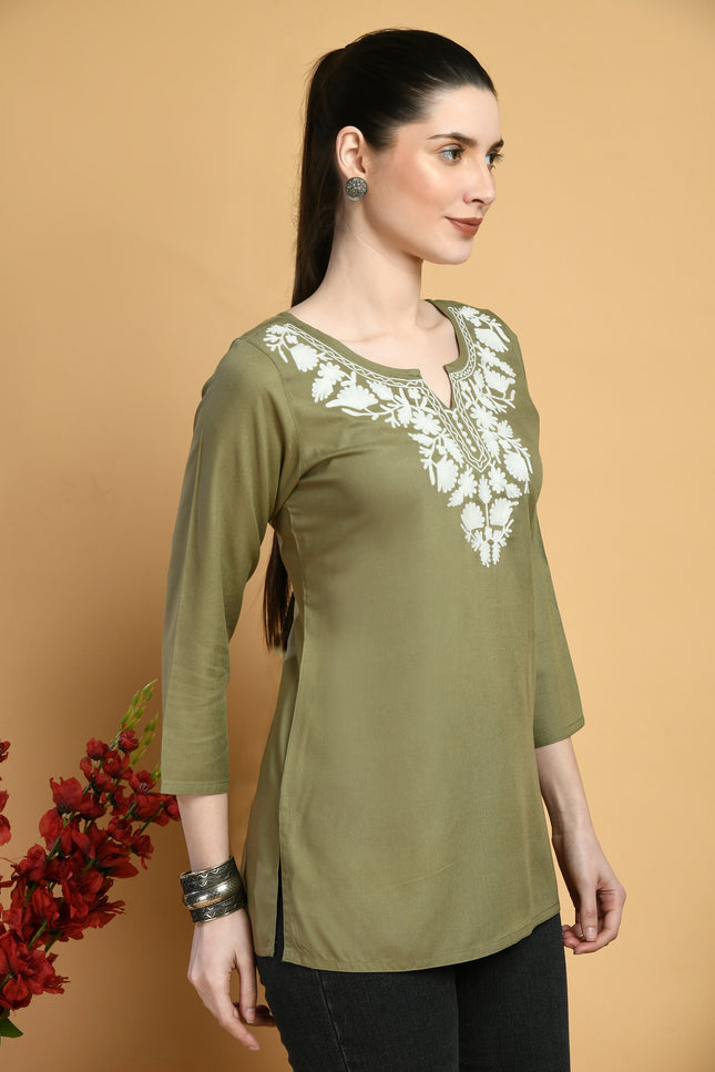 Olive Off White Short Kurti For Women