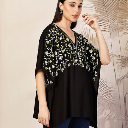 QAZMI Sheen V-Neck Flared Sleeves Kashmiri Aari Work Kaftan Kurti