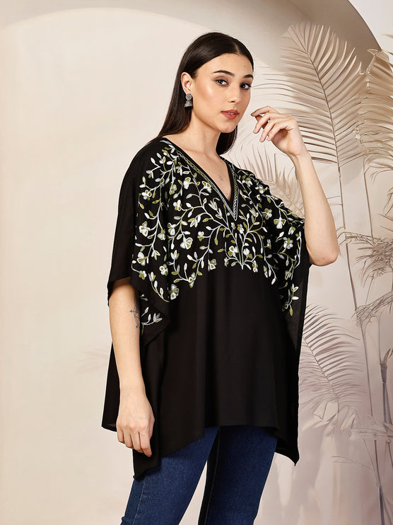 QAZMI Sheen V-Neck Flared Sleeves Kashmiri Aari Work Kaftan Kurti