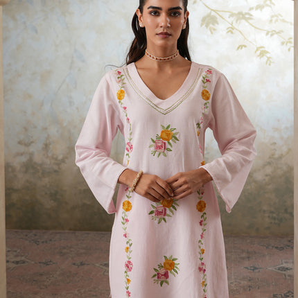 Qazmi Women's Mehreen Kashmiri Aari Work Pearl Studded Cotton Linen CoOrd