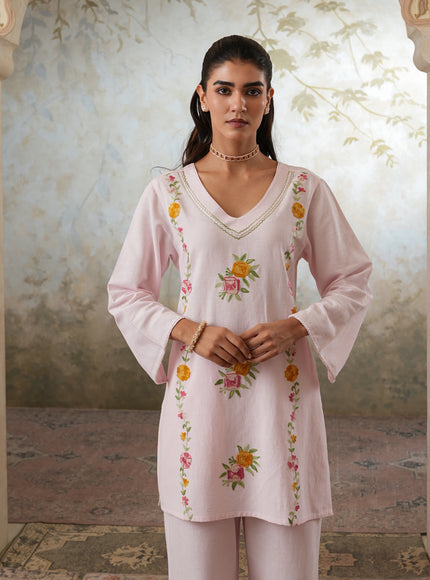 Qazmi Women's Mehreen Kashmiri Aari Work Pearl Studded Cotton Linen CoOrd