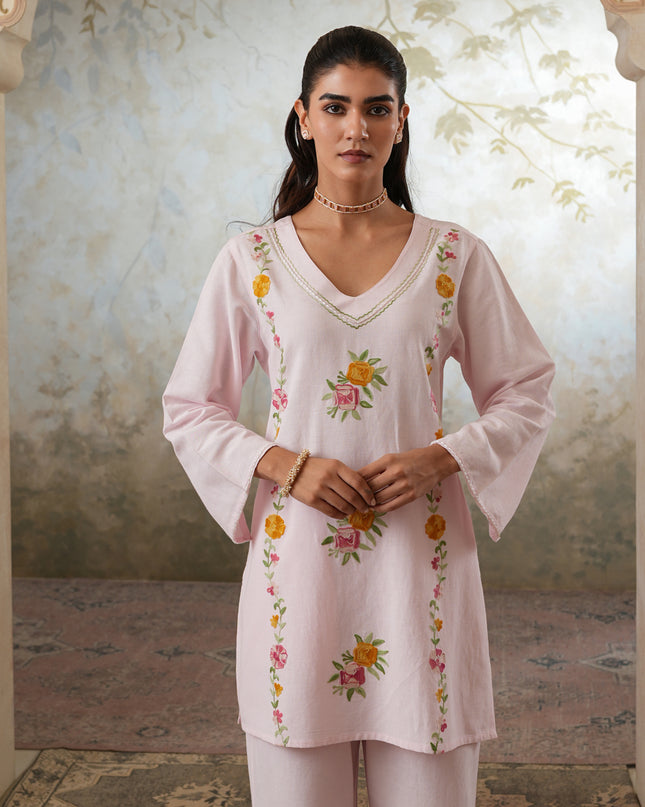 Qazmi Women's Mehreen Kashmiri Aari Work Pearl Studded Cotton Linen CoOrd