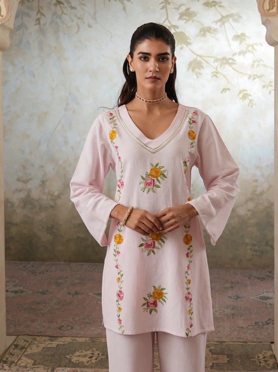 Qazmi Women's Mehreen Kashmiri Aari Work Pearl Studded Cotton Linen CoOrd