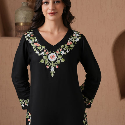 Qazmi Women's Aari Work V-Neck Black CoOrd Set