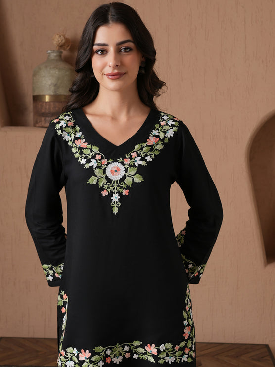 Qazmi Women's Aari Work V-Neck Black CoOrd Set