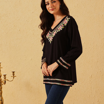 Qazmi Women's Amina Kashmiri Embroidered V-Neck Short Kurti