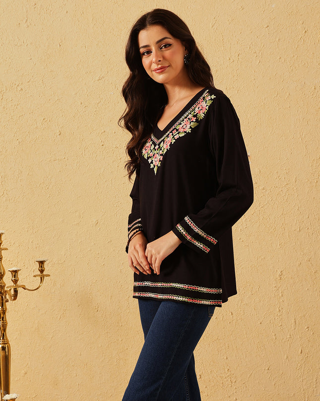Qazmi Women's Ariana Kashmiri Embroidered V-Neck Short Kurti