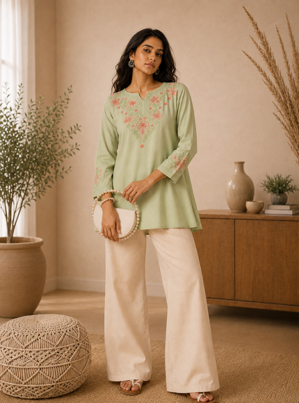 Qazmi Women's Kashmiri A-Line Light Pink Kurti