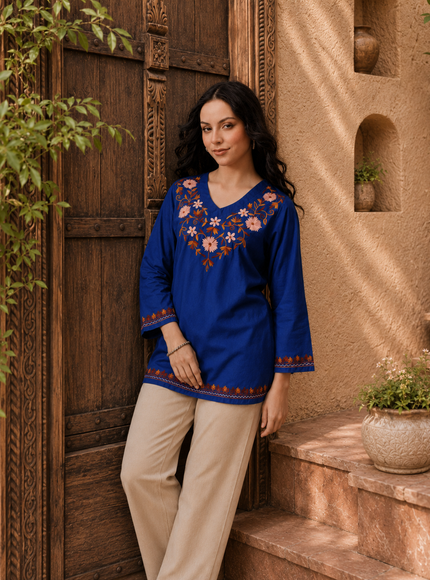 Qazmi Women's Nafisa Kashmiri Aari Work V-Neck Blue Kurti