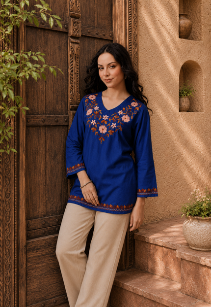 Qazmi Women's Nafisa Kashmiri Aari Work V-Neck Blue Kurti