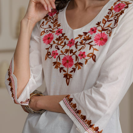 Qazmi Women's Nafisa Kashmiri Aari Work V-Neck Blue Kurti