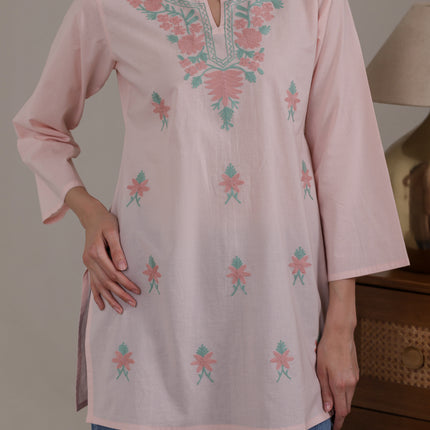 Qazmi Women's Aari Embroidered Pure Cotton Short Kurta
