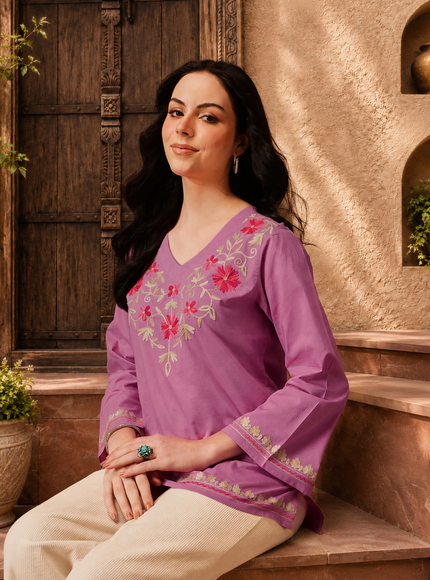 Qazmi Women's Nafisa Kashmiri Aari Work V-Neck Blue Kurti