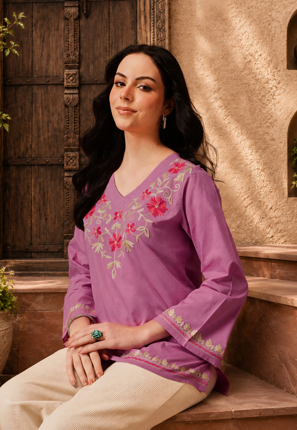 Qazmi Women's Nafisa Kashmiri Aari Work V-Neck Blue Kurti