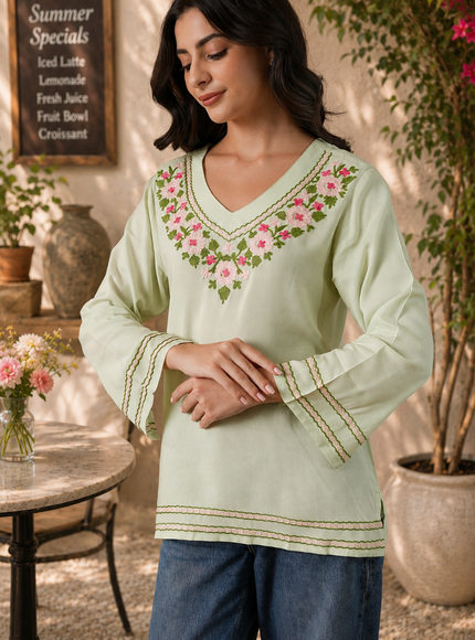 Qazmi Women's Ariana Kashmiri Embroidered V-Neck Short Kurti