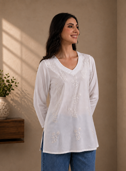 Qazmi Women Kashmiri Aari Embroidered Viscose Rayon Flared Sleeves Short Kurti