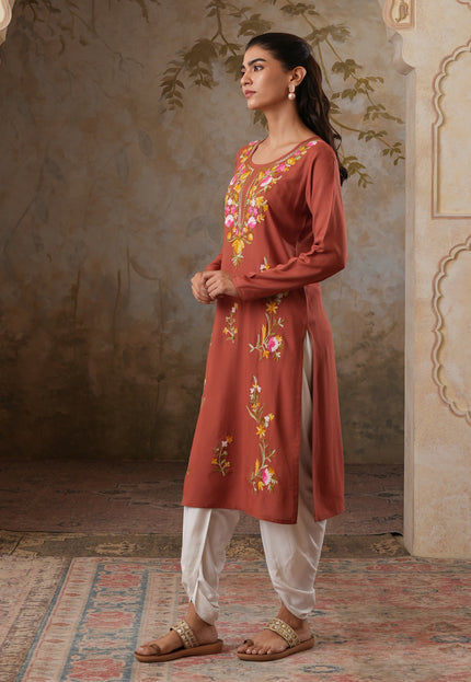 Qazmi Women's Sahar Kashmiri Aari Work Straight Kurta