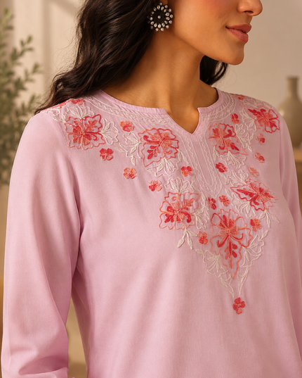 Qazmi Women's Kashmiri A-Line Light Pink Kurti