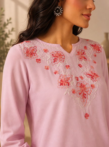 Qazmi Women's Kashmiri A-Line Light Pink Kurti