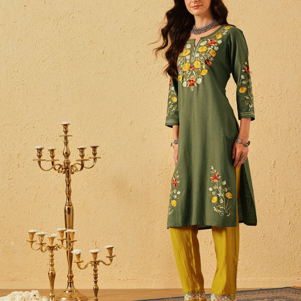 Qazmi Women's Zaynab Kashmiri Aari Work Cotton Linen Olive Green Kurta