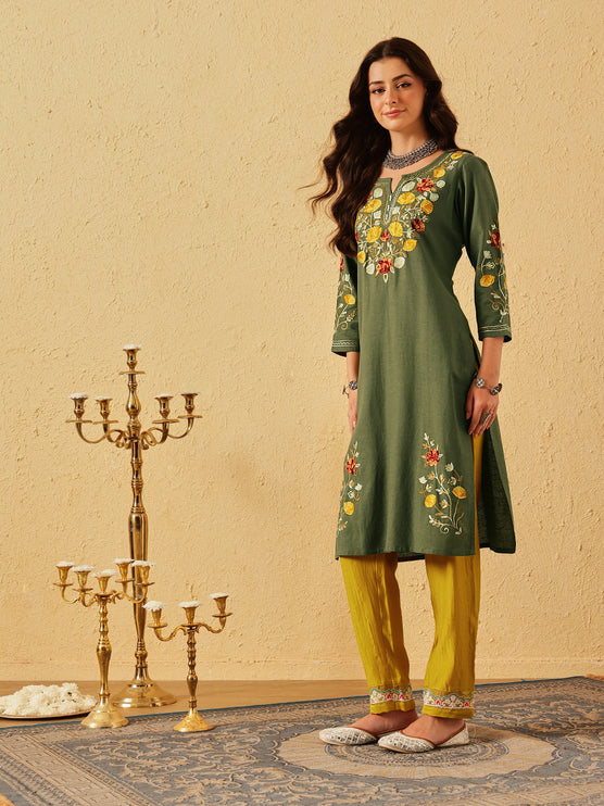 Qazmi Women's Zaynab Kashmiri Aari Work Cotton Linen Olive Green Kurta