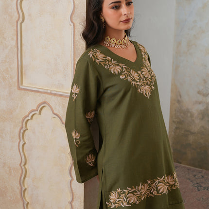 Qazmi Women's Kashmiri Chinarkari Work Olive Green CoOrd Set
