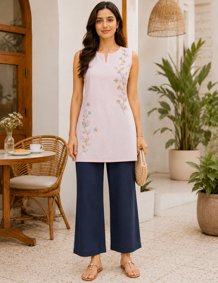 Qazmi Women Embroidered Viscose Rayon Sleeveless Embroidered Kurti