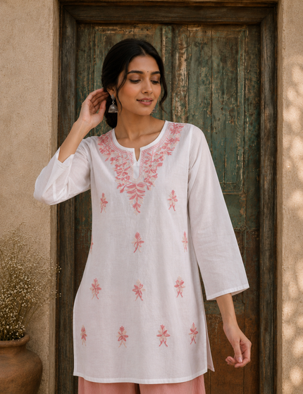 Qazmi Women's Aari Embroidered Pure Cotton Short Kurta