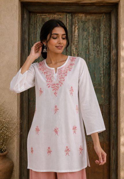 Qazmi Women's Aari Embroidered Pure Cotton Short Kurta