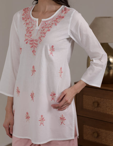 Qazmi Women's Aari Embroidered Pure Cotton Short Kurta