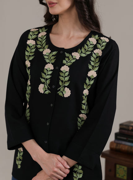 Qazmi Women Aari Embroidered Cotton Linen Buttoned Top