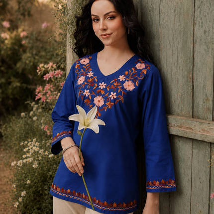 Qazmi Women's Nafisa Kashmiri Aari Work V-Neck Blue Kurti
