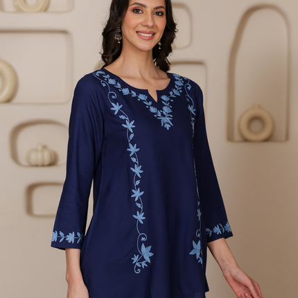 Qazmi Women Kashmiri Aari Embroidered A-Line Viscose Rayon Short Kurti with Full Sleeves