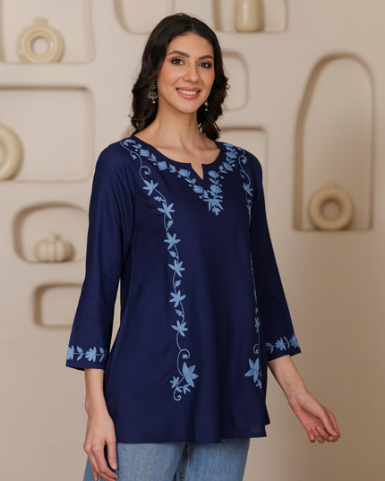 Qazmi Women Kashmiri Aari Embroidered A-Line Viscose Rayon Short Kurti with Full Sleeves