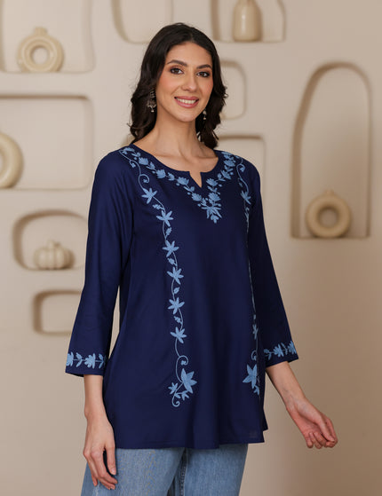Qazmi Women Kashmiri Aari Embroidered A-Line Viscose Rayon Short Kurti with Full Sleeves