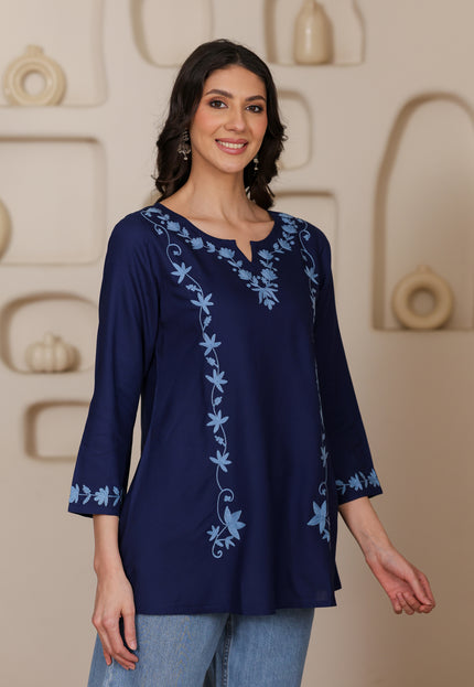 Qazmi Women Kashmiri Aari Embroidered A-Line Viscose Rayon Short Kurti with Full Sleeves