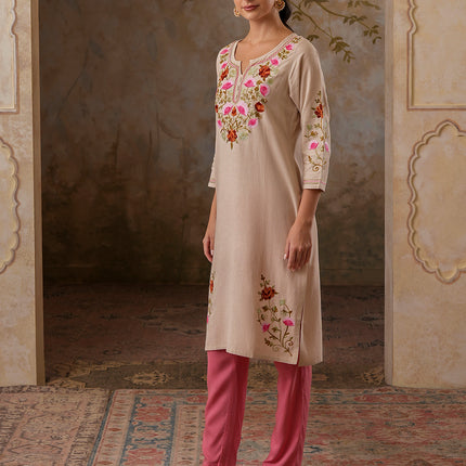 Qazmi Women's Zaynab Kashmiri Aari Work Cotton Linen Olive Green Kurta