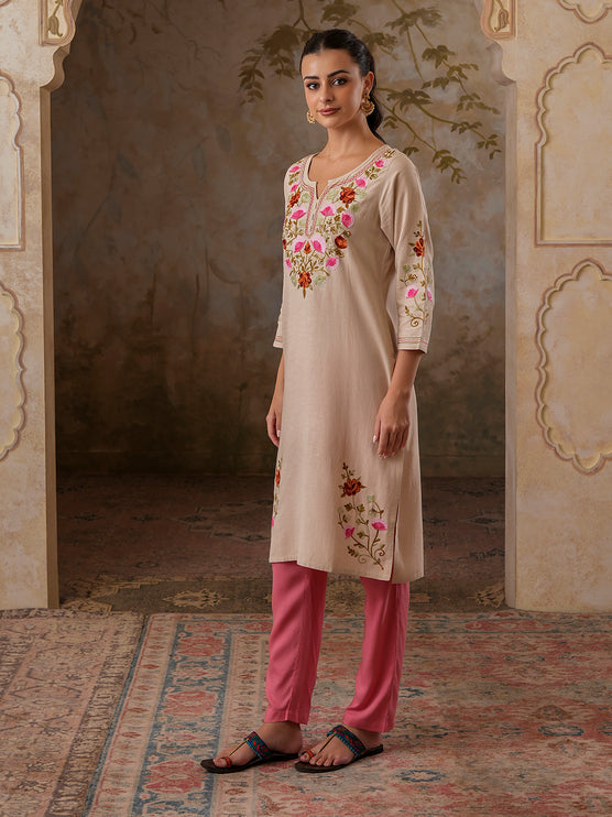 Qazmi Women's Zaynab Kashmiri Aari Work Cotton Linen Olive Green Kurta